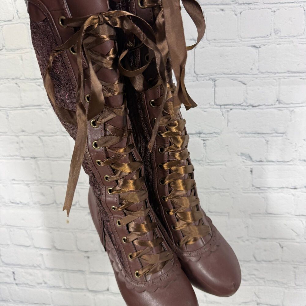 Ellie Victorian Steampunk Lace Up Knee High Boots Size 7 Brown Platform Goth - Picture 13 of 16